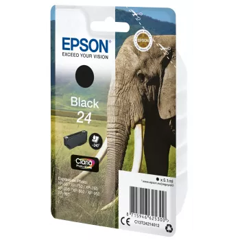 Epson Elephant yksittäispakkaus musta 24 Claria Photo HD -muste, musta, pigmenttimuste, 5,1 ml, 1 kpl, 240 sivua, yksittäispakkaus