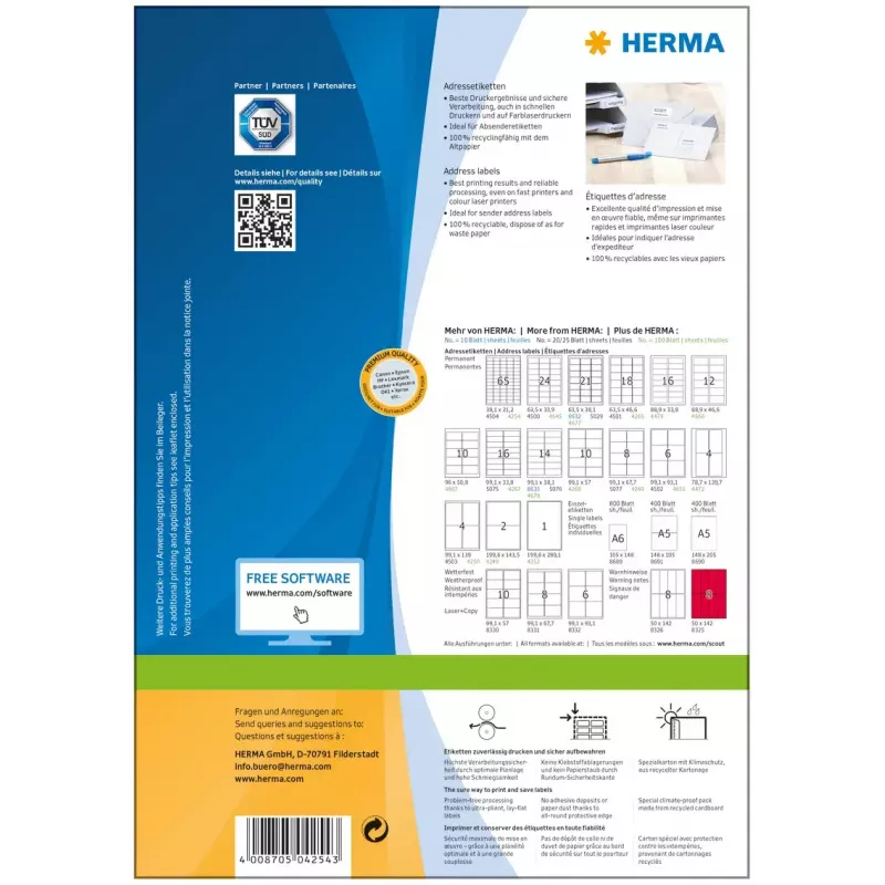 Osoitetarrat Premium HERMA A4 38,1x21,2 mm 6500 kpl
