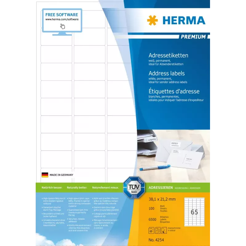 Osoitetarrat Premium HERMA A4 38,1x21,2 mm 6500 kpl
