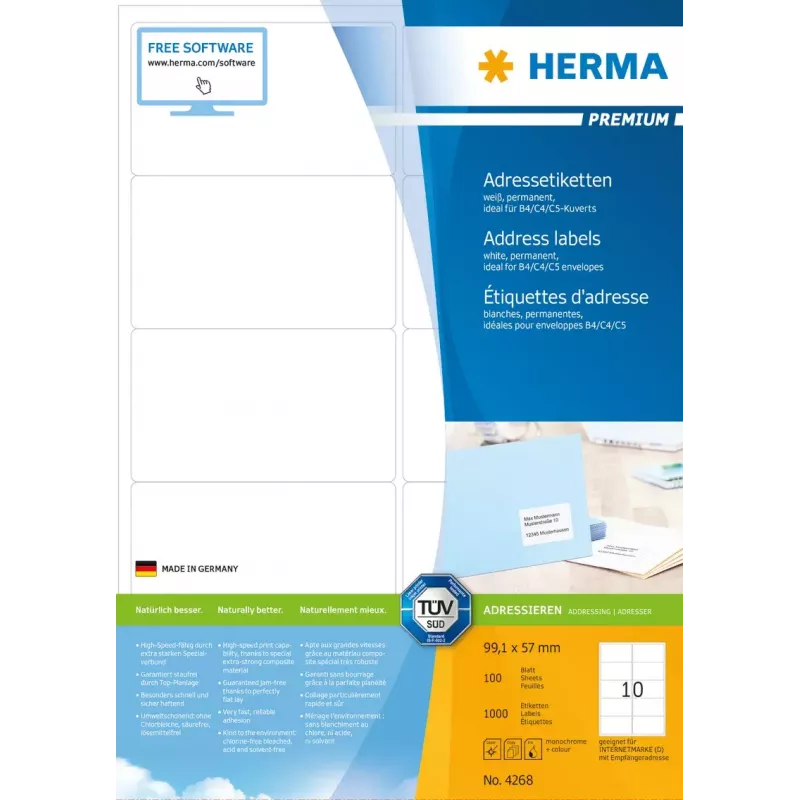 Osoitetarrat Premium HERMA A4 99,1x57 mm 1000 kpl