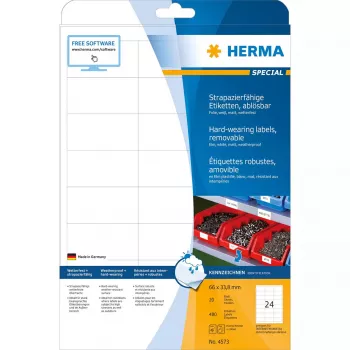 Itseliimautuvat tarrat HERMA 4573 irrotettava valkoinen 480 kpl