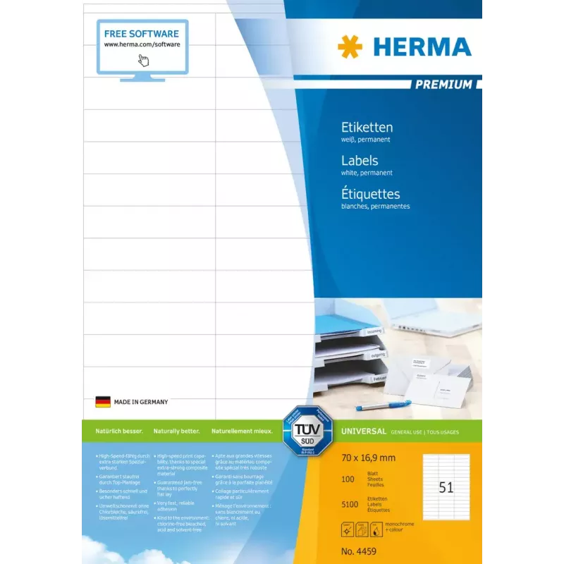 Itseliimautuvat tulostintarrat HERMA Premium A4 70x16,9 mm