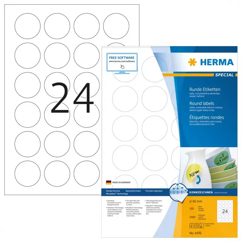 Itseliimautuvat tarrat HERMA irrotettava A4 Ø 40 mm 2400 kpl