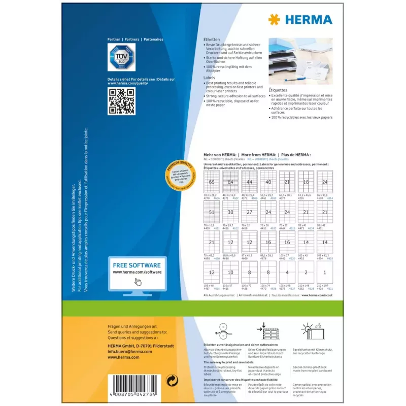 Itseliimautuvat tulostintarrat HERMA Labels Premium A4 52,5x21,2 mm
