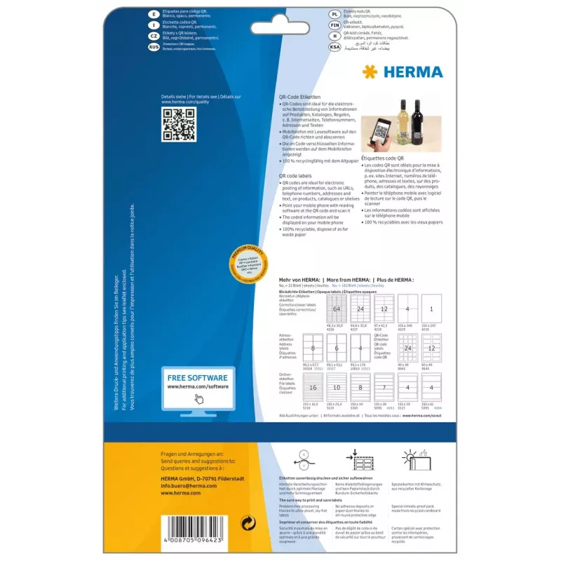 QR-kooditarrat HERMA 9642 A4 40x40 mm neliö valkoinen paperi