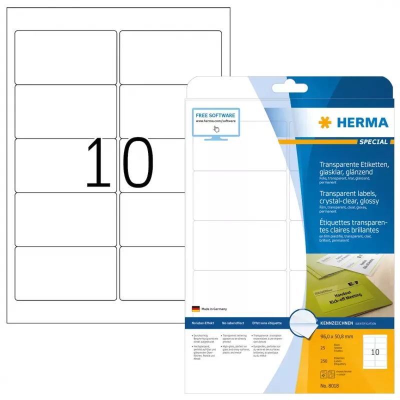 Itseliimautuva tulostintarra HERMA Labels läpinäkyvä kristallinkirkas A4 96x50,8 mm