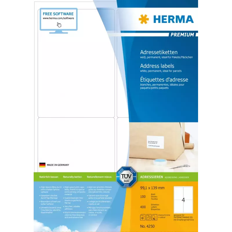 Osoitetarrat Premium HERMA A4 99,1 x 139 mm 400 kpl