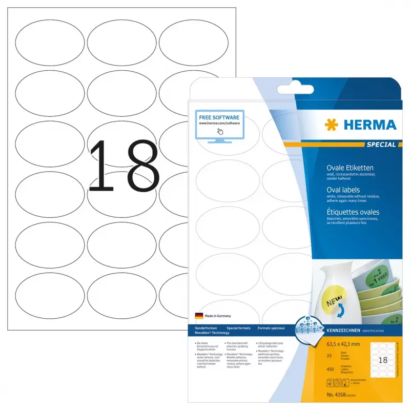 Itseliimautuvat tarrat HERMA irrotettava A4 63,5x42,3 mm 450 kpl