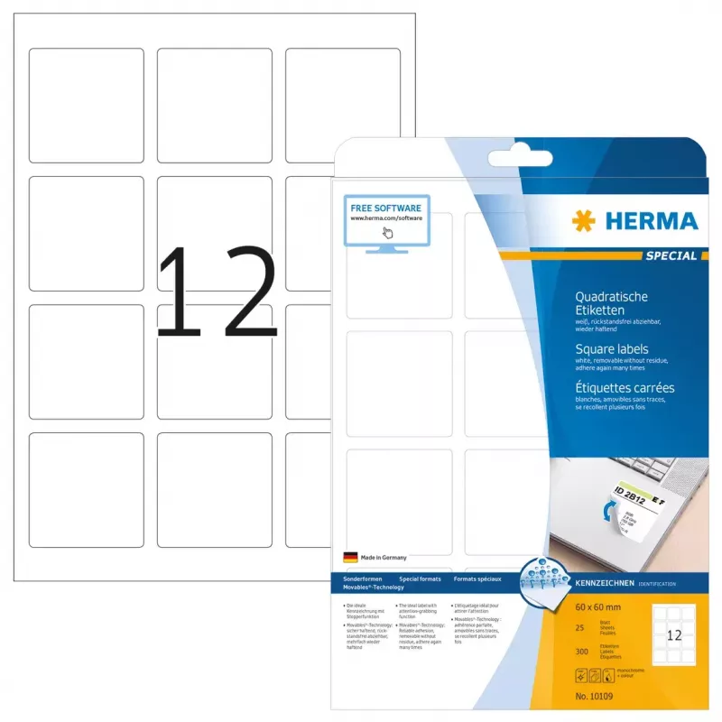 Irrotettavat tarrat HERMA 10109 A4 60x60 mm neliö valkoinen