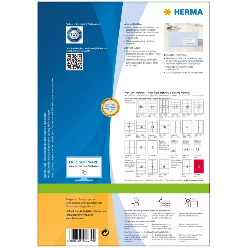Osoitetarrat Premium HERMA A4 88,9x33,8 mm 1600 kpl
