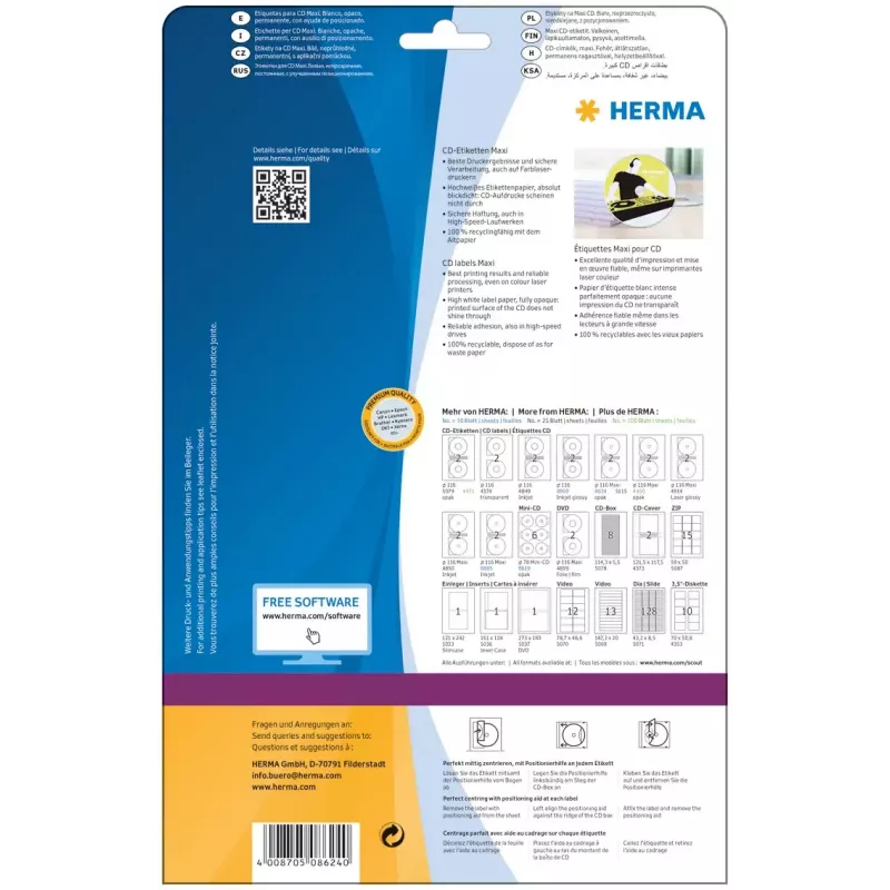 Itseliimautuva tulostustarra HERMA CD-tarrat Maxi A4 Ø 116 mm