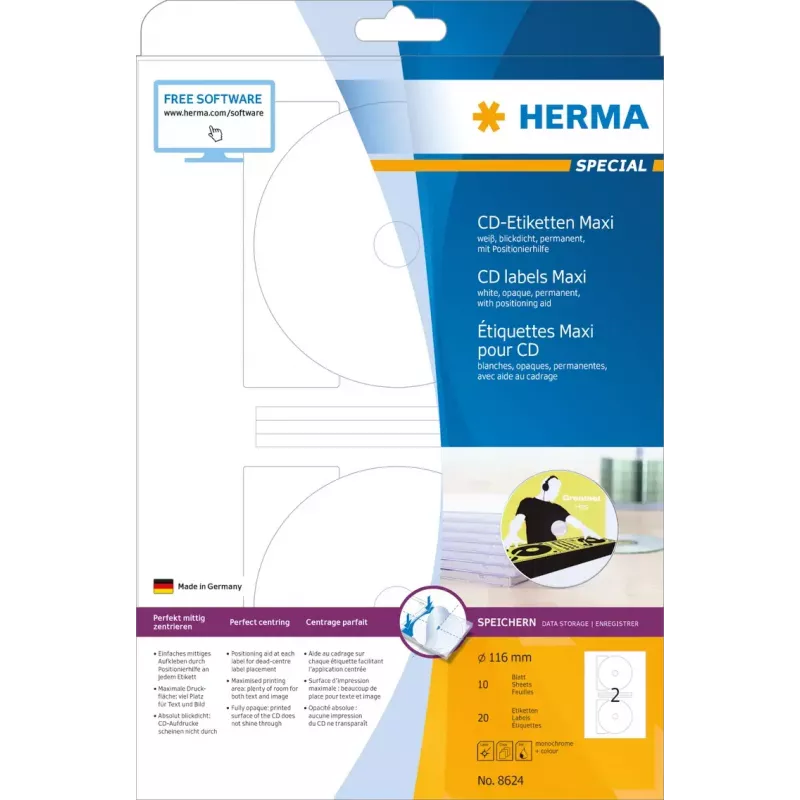 Itseliimautuva tulostustarra HERMA CD-tarrat Maxi A4 Ø 116 mm