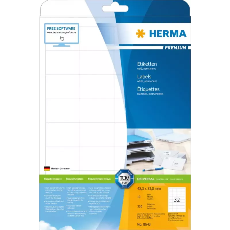 Itseliimautuvat tarrat HERMA 8643 suorakaide pysyvä valkoinen