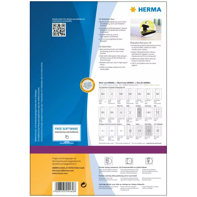 Itseliimautuvat tulostustarrat HERMA CD-tarrat Maxi A4 Ø 116 mm