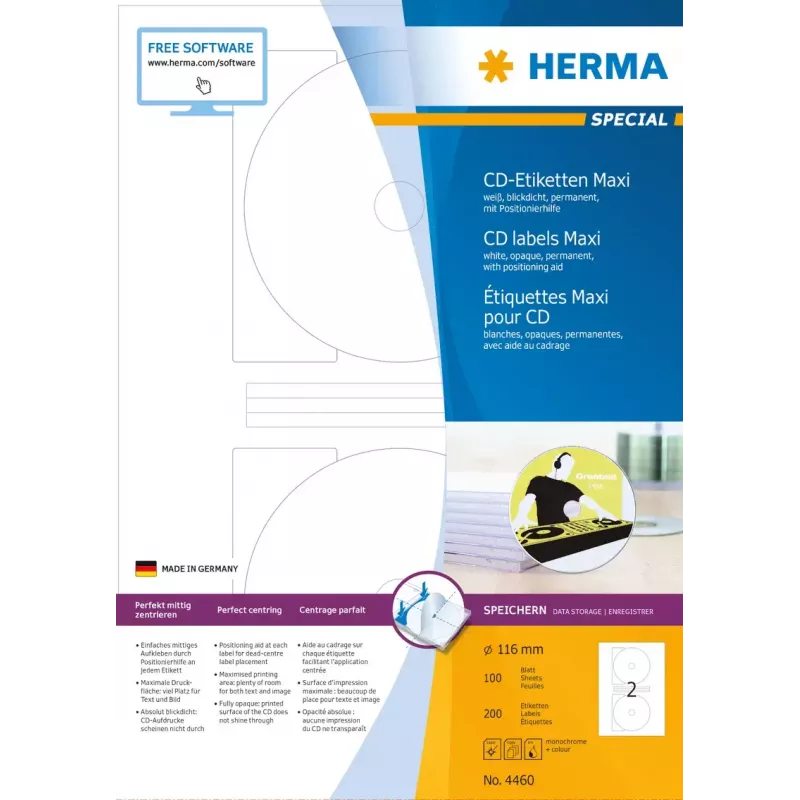 Itseliimautuvat tulostustarrat HERMA CD-tarrat Maxi A4 Ø 116 mm