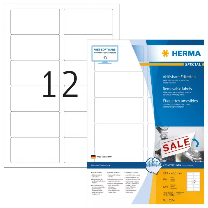 Irrotettavat tarrat HERMA A4 88,9x46,6 mm valkoinen Movables 1200 kpl