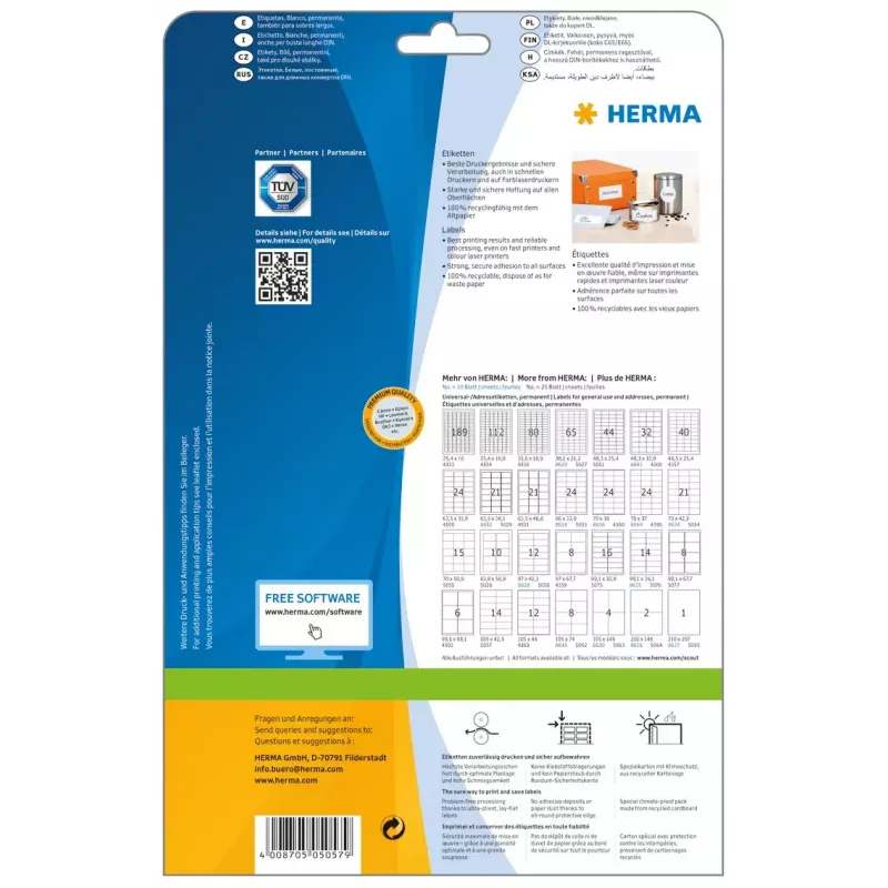 Itseliimautuvat tulostustarrat HERMA Premium A4 105x42,3 mm 350 kpl