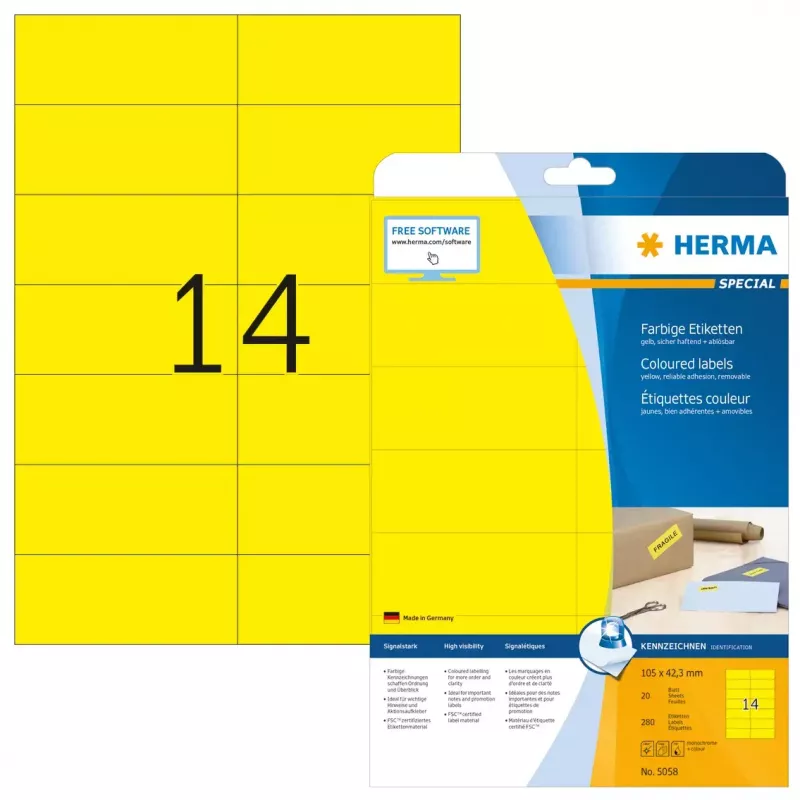 Itseliimautuvat tarrat HERMA 5058 keltainen 105x42.3 mm 280 kpl