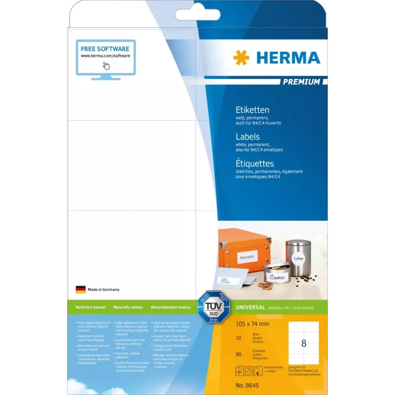 Itseliimautuva tarra HERMA 8645 suorakaide pysyvä valkoinen