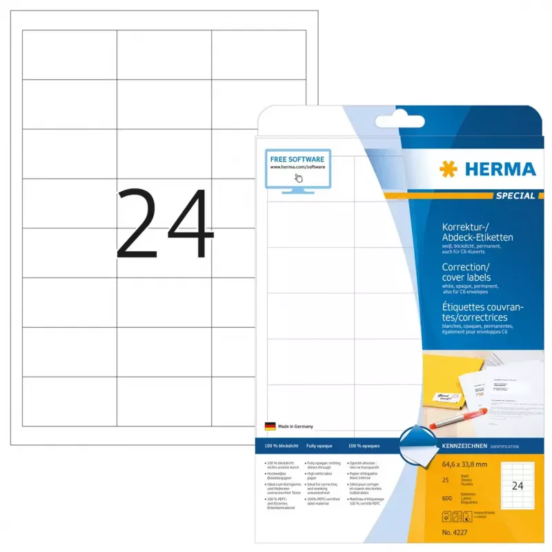 Korjaus-/peittotarrat HERMA A4 64,6x33,8 mm 600 kpl