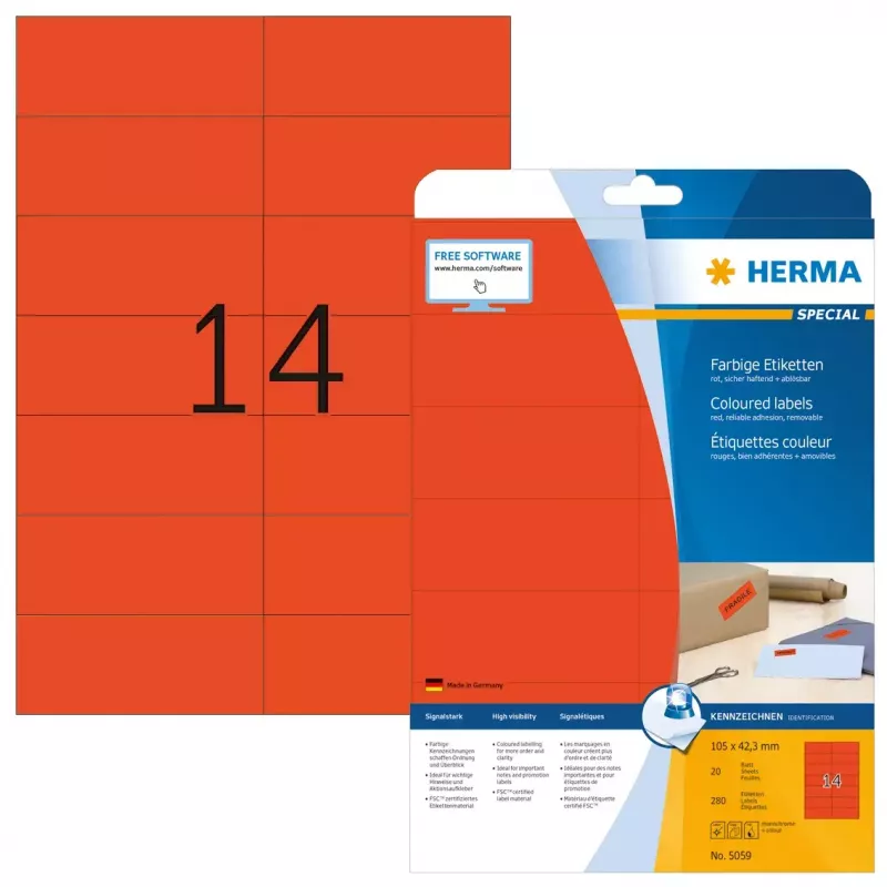 Itseliimautuvat tulostintarrat HERMA värilliset tarrat A4 105x42,3 mm punainen