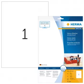 Itseliimautuva tulostintarra HERMA mustesuihku-kiiltotarrat A4 210x297 mm valkoinen paperi kiiltävä 10 kpl