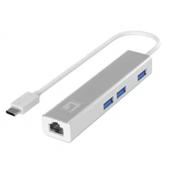 LevelOne Gigabit USB-C -verkkosovitin USB-keskittimellä, johdollinen, USB Type-C, Ethernet, 1000 Mbit/s, hopea