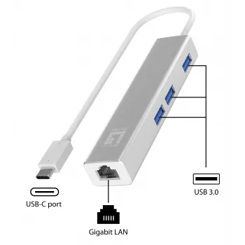 LevelOne Gigabit USB-C -verkkosovitin USB-keskittimellä, johdollinen, USB Type-C, Ethernet, 1000 Mbit/s, hopea