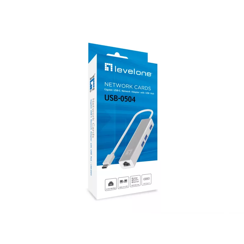 LevelOne Gigabit USB-C -verkkosovitin USB-keskittimellä, johdollinen, USB Type-C, Ethernet, 1000 Mbit/s, hopea