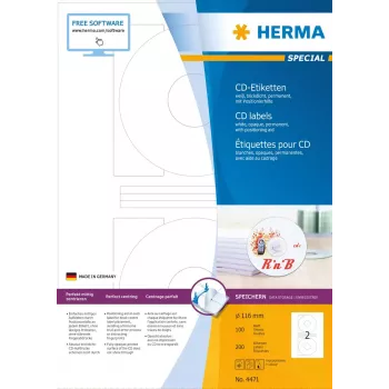 CD-tarrat HERMA A4 Ø 116 mm valkoinen paperi matta peittävä 200 kpl