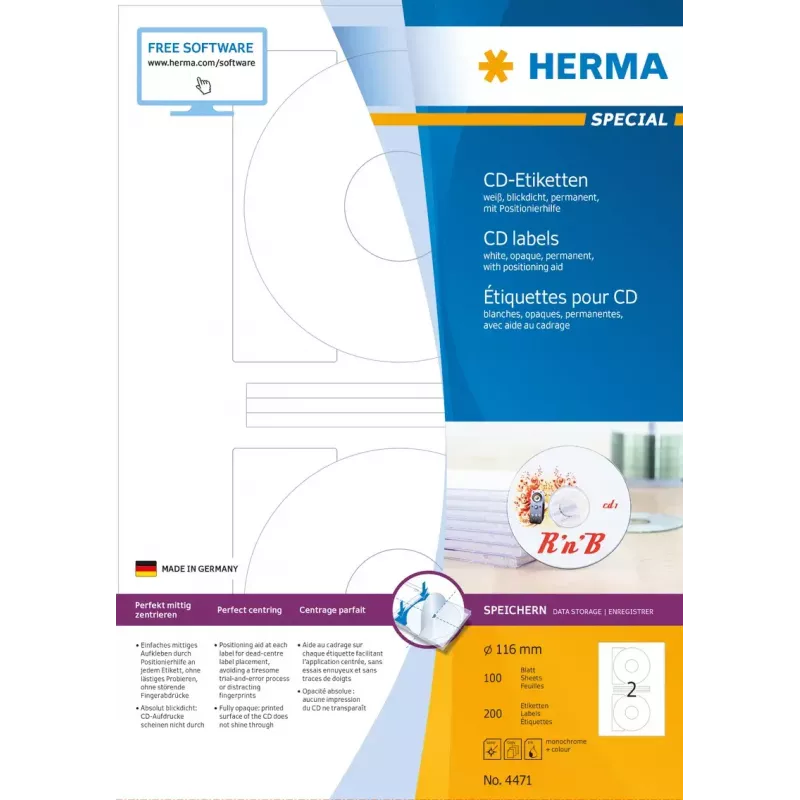 CD-tarrat HERMA A4 Ø 116 mm valkoinen paperi matta peittävä 200 kpl