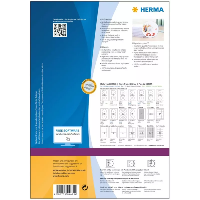 CD-tarrat HERMA A4 Ø 116 mm valkoinen paperi matta peittävä 200 kpl