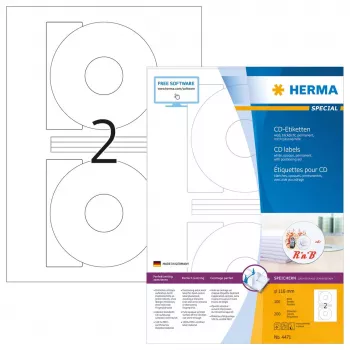 CD-tarrat HERMA A4 Ø 116 mm valkoinen paperi matta peittävä 200 kpl