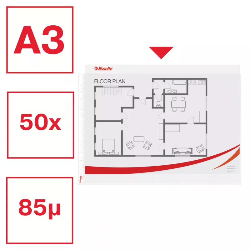 Esselte Quality Pocket A3 vaakasuunta, 30 % kierrätettyä muovia pre-consumer-materiaalista