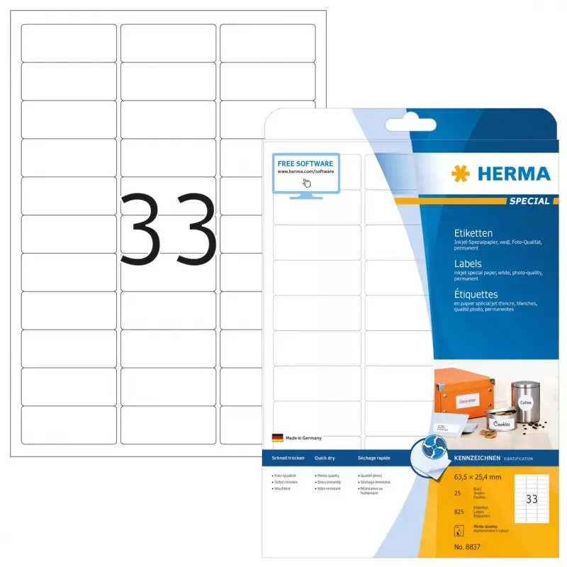 Mustesuihkutarrat HERMA A4 63,5x25,4 mm 825 kpl