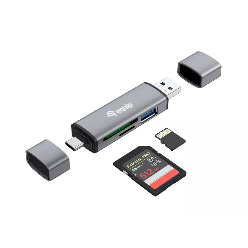 Equip Kortinlukija USB 3.0 keskitin, OTG, MicroSD (TransFlash), MicroSDHC, SD, SDHC, harmaa, CE & RoHS, USB 3.2 Gen 1 (3.1 Gen 1) Type-A/Type-C, 202 mm, 12 mm