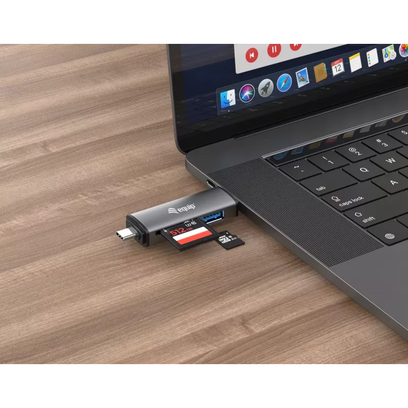 Equip Kortinlukija USB 3.0 keskitin, OTG, MicroSD (TransFlash), MicroSDHC, SD, SDHC, harmaa, CE & RoHS, USB 3.2 Gen 1 (3.1 Gen 1) Type-A/Type-C, 202 mm, 12 mm