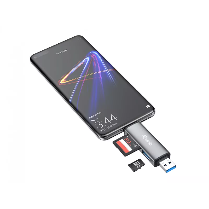 Equip Kortinlukija USB 3.0 keskitin, OTG, MicroSD (TransFlash), MicroSDHC, SD, SDHC, harmaa, CE & RoHS, USB 3.2 Gen 1 (3.1 Gen 1) Type-A/Type-C, 202 mm, 12 mm