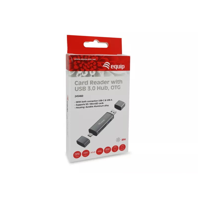 Equip Kortinlukija USB 3.0 keskitin, OTG, MicroSD (TransFlash), MicroSDHC, SD, SDHC, harmaa, CE & RoHS, USB 3.2 Gen 1 (3.1 Gen 1) Type-A/Type-C, 202 mm, 12 mm