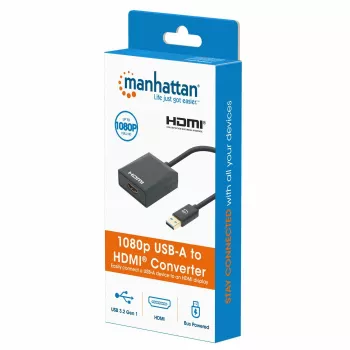 Manhattan USB-A-HDMI-kaapeli, 1080p@60Hz, muuntaa USB 3.2 Gen1 (tunnetaan myös nimellä USB 3.0) signaalin HDMI:ksi, 15 cm, musta, uros naaras, kolmen vuoden takuu