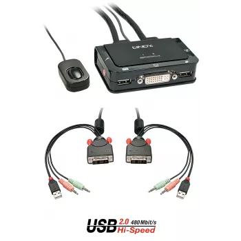 Lindy 2 portin DVI-D Single Link, USB 2.0 ja Audio KVM-kytkin Compact
