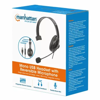 Manhattan mono over-ear-headset (USB), käännettävä mikrofoni (pehmustettu), vähittäismyyntipakkaus, in-line-äänenvoimakkuuden/mykkäyksen säätö, pehmustettu korvatyyny, USB-A äänelle ja mikrofonille, kaapeli 2 m, kolmen vuoden takuu