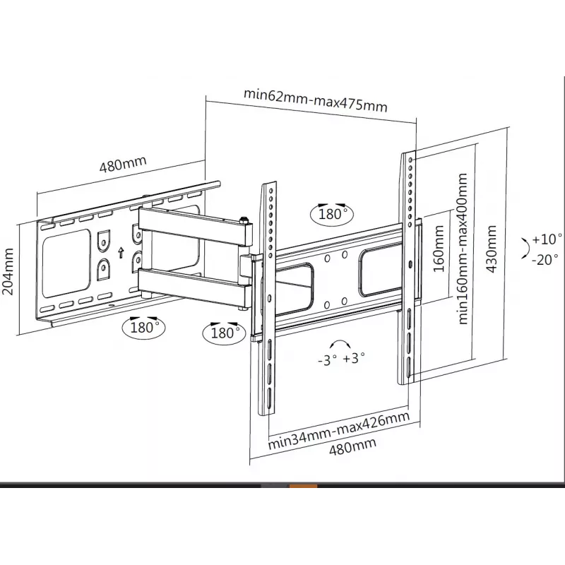 Equip 32 inch-55 inch nivel-TV-seinäteline, 200 x 200 mm, 400 x 400 mm, -20 - 10°, -90 - 90°, teräs, musta