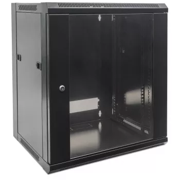 Intellinet 19 tuuman verkkokaappi - seinäasennus (standardi), 12HE, 600 mm syvä, musta, purettuna, max. 60 kg, sopii myös pöytä- tai lattia-asennukseen, käytettävä syvyys 410 mm, metalli- ja lasiovi, takaseinä, irrotettavat sivuseinät, seinäasennusosat (esim. ruuvit/tulpat) eivät sisälly toimitukseen