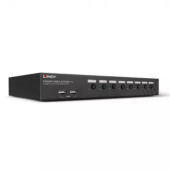 Lindy 8 portin DisplayPort 1.2, USB 2.0 ja audio KVM-kytkin, 3840 x 2160 pikseliä, 4K Ultra HD, räkkiasennus, 1U, musta