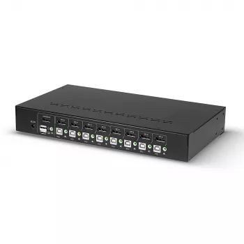 Lindy 8 portin DisplayPort 1.2, USB 2.0 ja audio KVM-kytkin, 3840 x 2160 pikseliä, 4K Ultra HD, räkkiasennus, 1U, musta