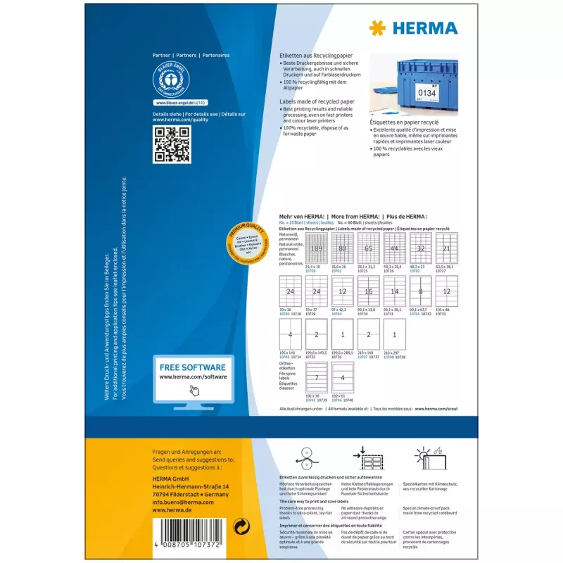 Itseliimautuvat tulostintarrat HERMA 10737 valkoinen 21x14,8 cm 160 tarraa