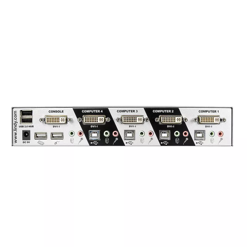 Lindy 39337 4-porttinen DVI-I Single Link KVM-kytkin Pro, USB 2.0 ja ääni, hopea
