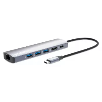 Manhattan USB-C-telakka/keskitin, liitännät (x6): Ethernet, HDMI, USB-A (x3) ja USB-C, Power Delivery (PD) 100W – vaatii ulkoisen USB-C-laturin (ei sisälly). USB-käyttöinen (ei ulkoista virtalähdettä tarvita), kun PD:tä ei käytetä
