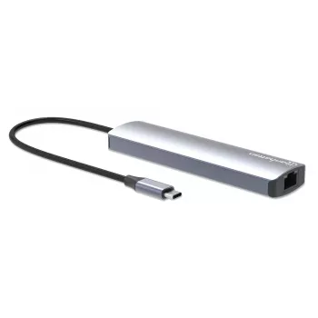 Manhattan USB-C-telakka/keskitin, liitännät (x6): Ethernet, HDMI, USB-A (x3) ja USB-C, Power Delivery (PD) 100W – vaatii ulkoisen USB-C-laturin (ei sisälly). USB-käyttöinen (ei ulkoista virtalähdettä tarvita), kun PD:tä ei käytetä